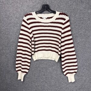 Faith & Zoe Striped Sweater Medium Burgundy Cream Cropped Knit Long Sleeve